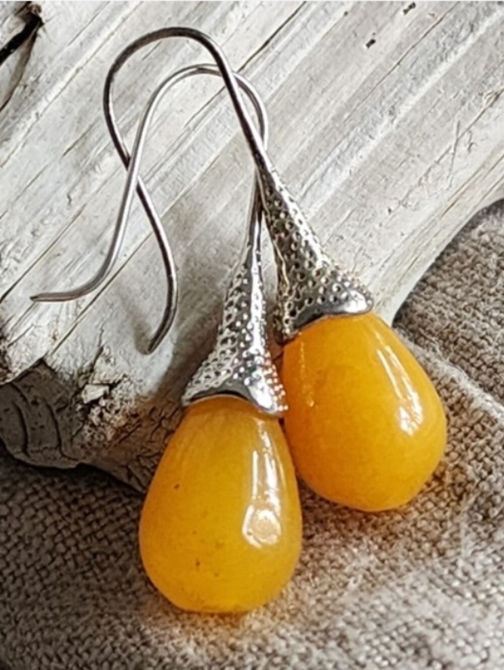 Silver Lightweight Earrings Natural Yellow Jade Stone Small Teardrops